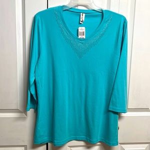 Decorated Originals Blue Mid Sleeve V Neck Beaded Top Size 2XL NWT
